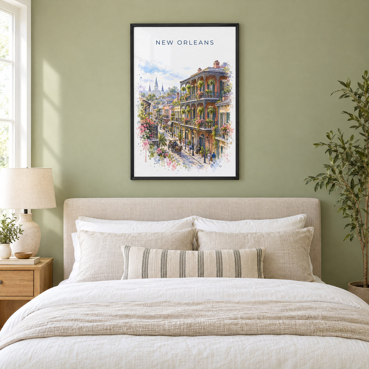 French Quarter New Orleans watercolor print in a black frame above an upholstered headboard in a sage green bedroom