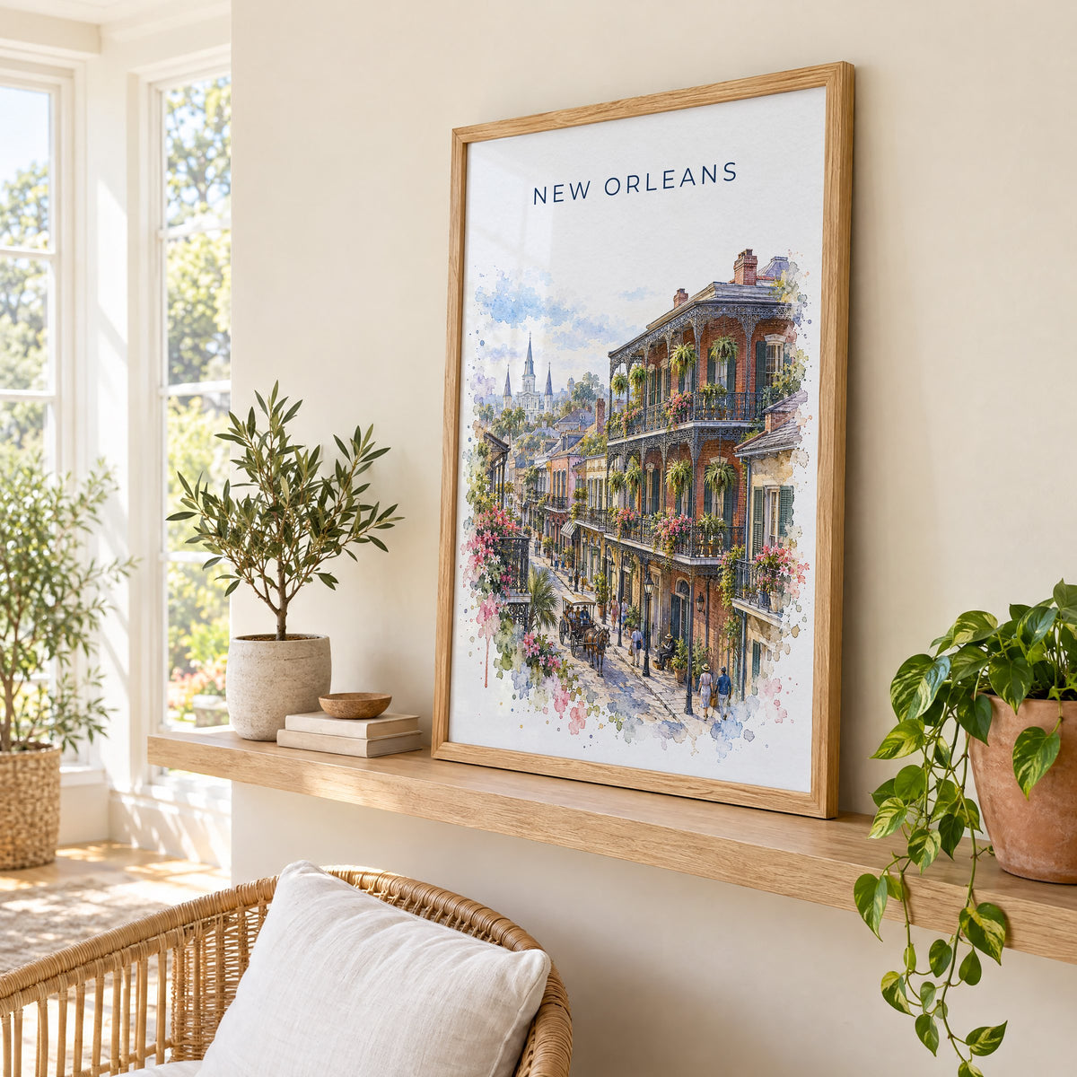 French Quarter New Orleans watercolor print in an oak frame on a picture ledge in a sunlit sunroom