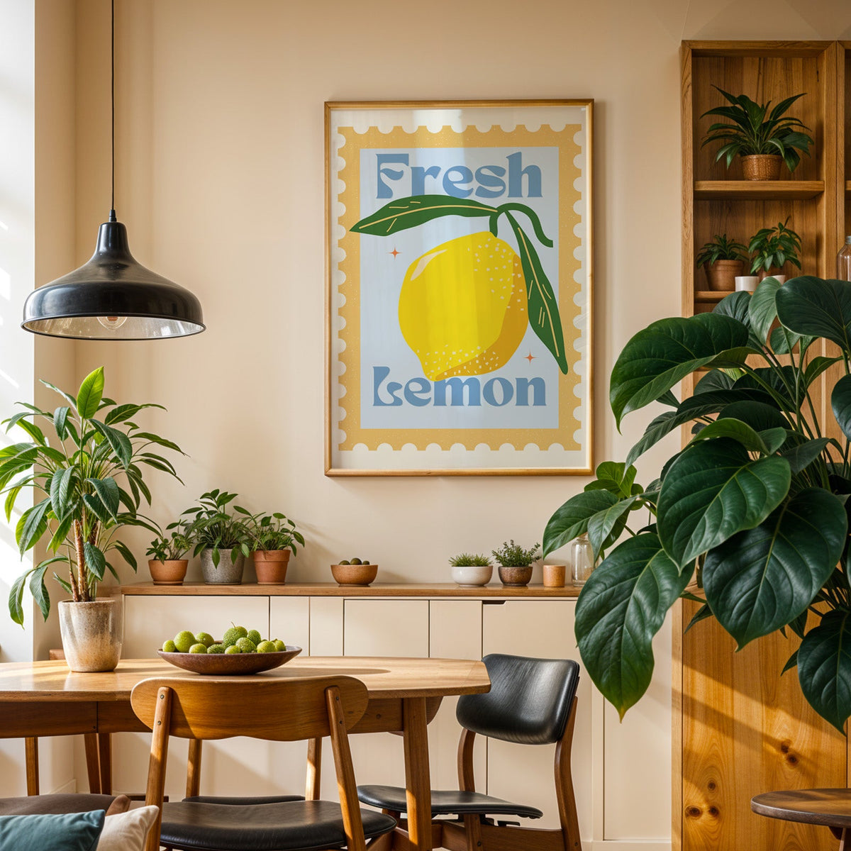 Fresh Lemon stamp print in an oak frame in a dining room above a plant-lined sideboard