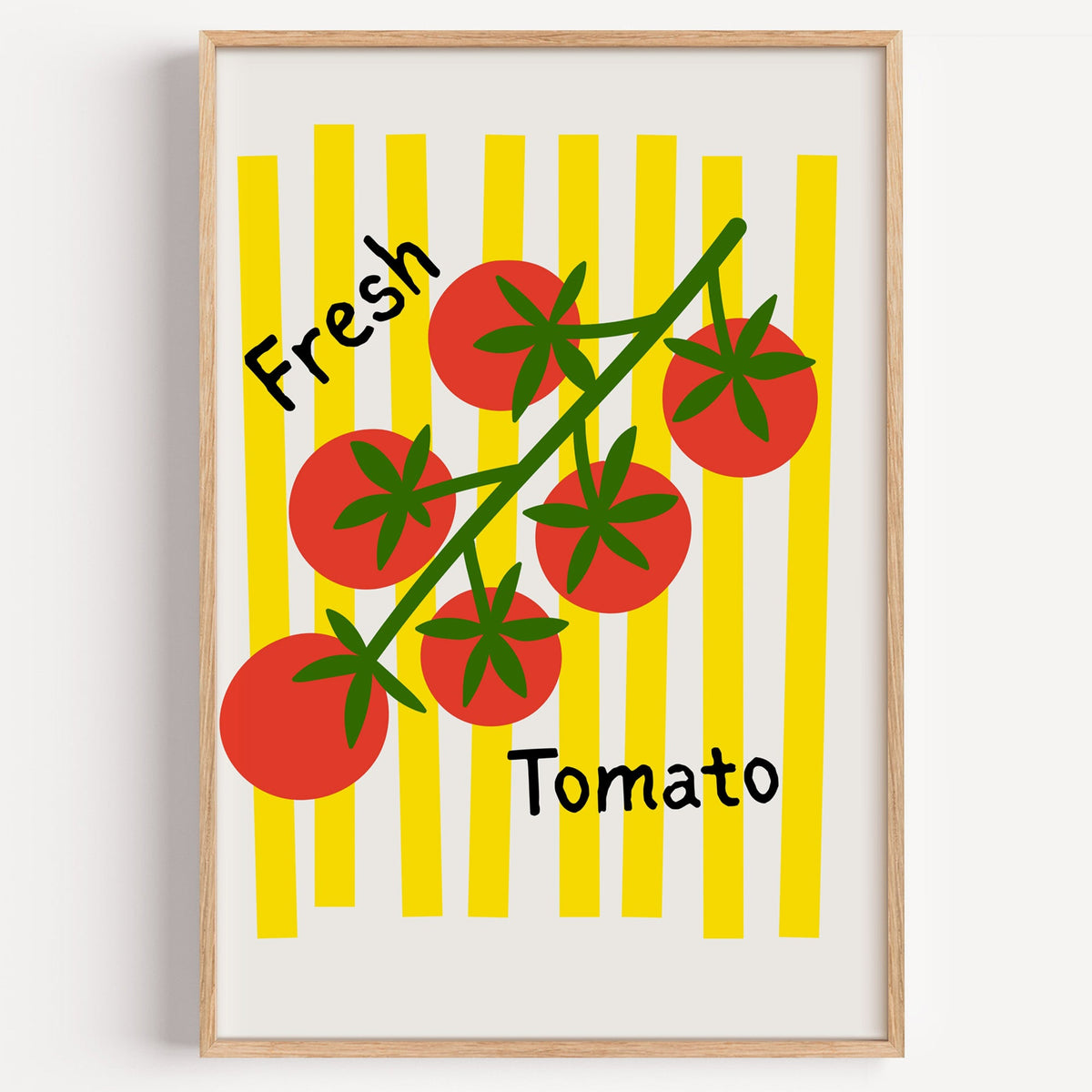Fresh Tomato vine print in a light oak frame on a plain white wall