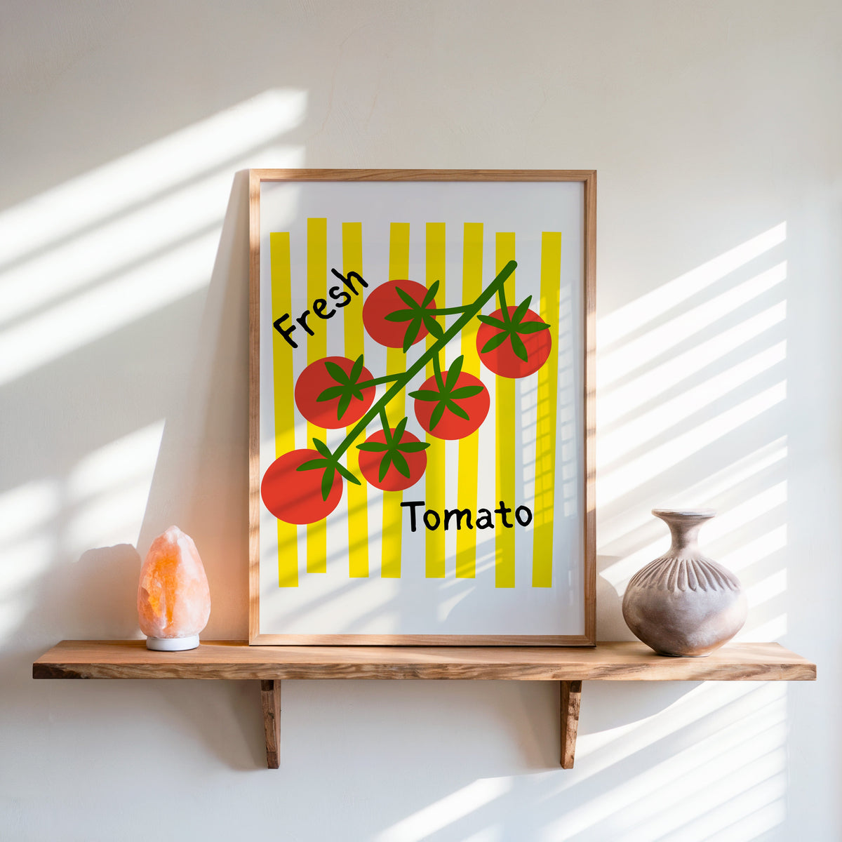 Fresh Tomato print in an oak frame on a live-edge shelf beside a salt lamp