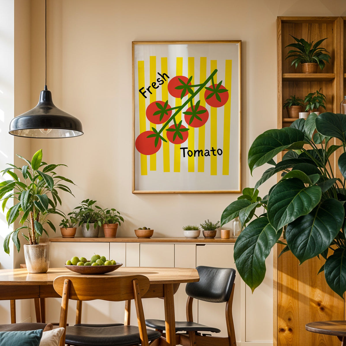 Fresh Tomato print in an oak frame in a dining room above a plant-lined sideboard