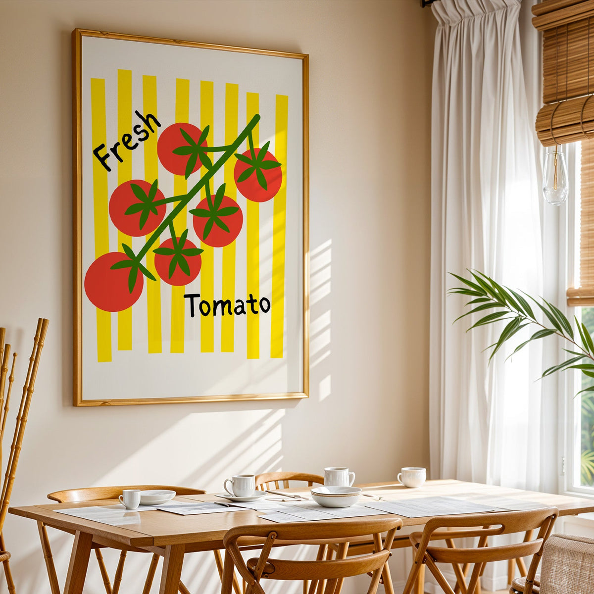 Fresh Tomato print shown in a gold frame above a breakfast table by a curtained window