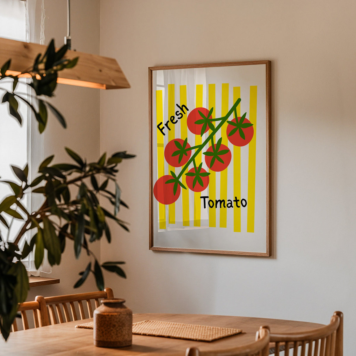 Fresh Tomato print in a walnut frame above a dining table with olive branches