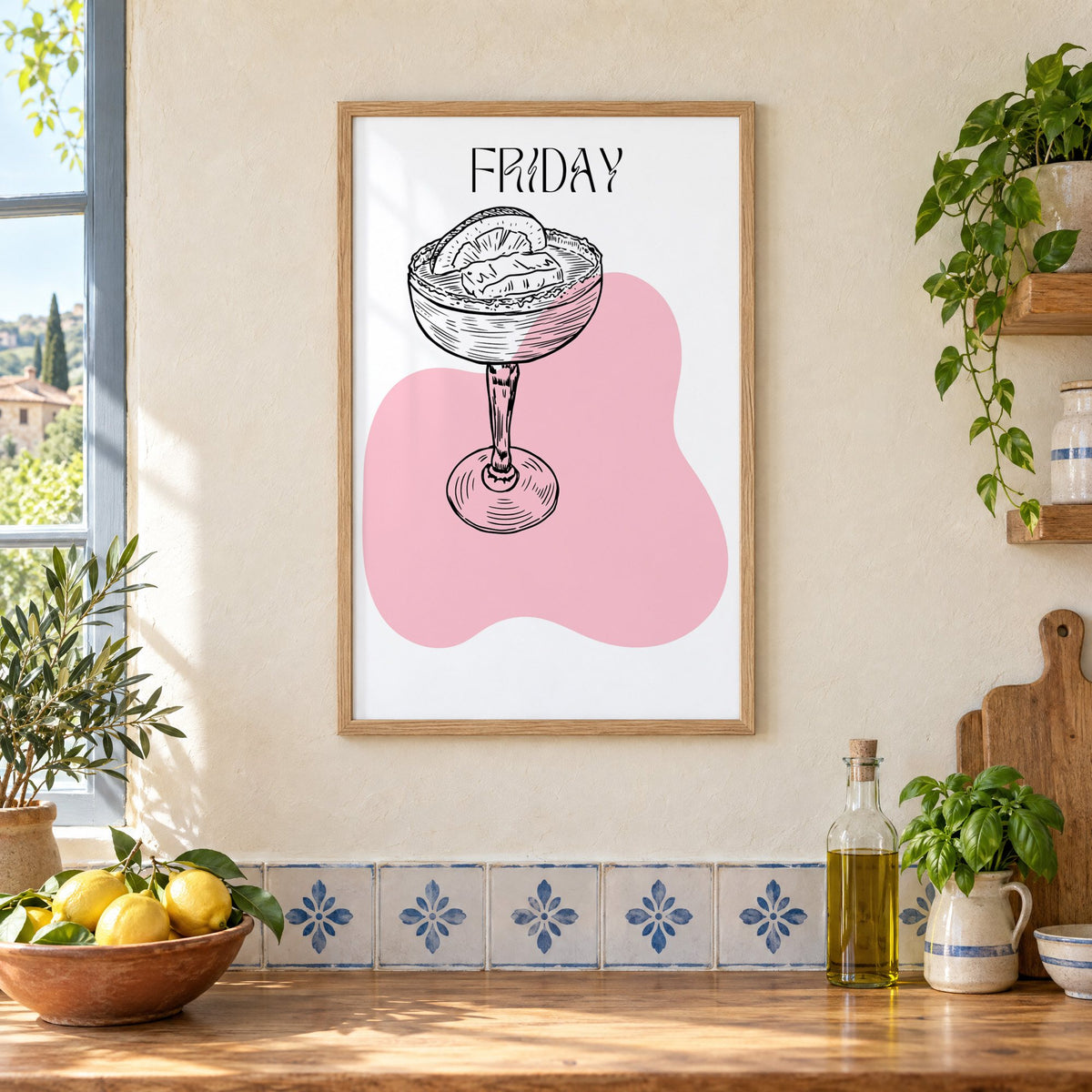 FRIDAY engraved coupe cocktail pink blob print in an oak frame on a cream plaster wall above a worktop with a bowl of lemons and blue-and-white tiles