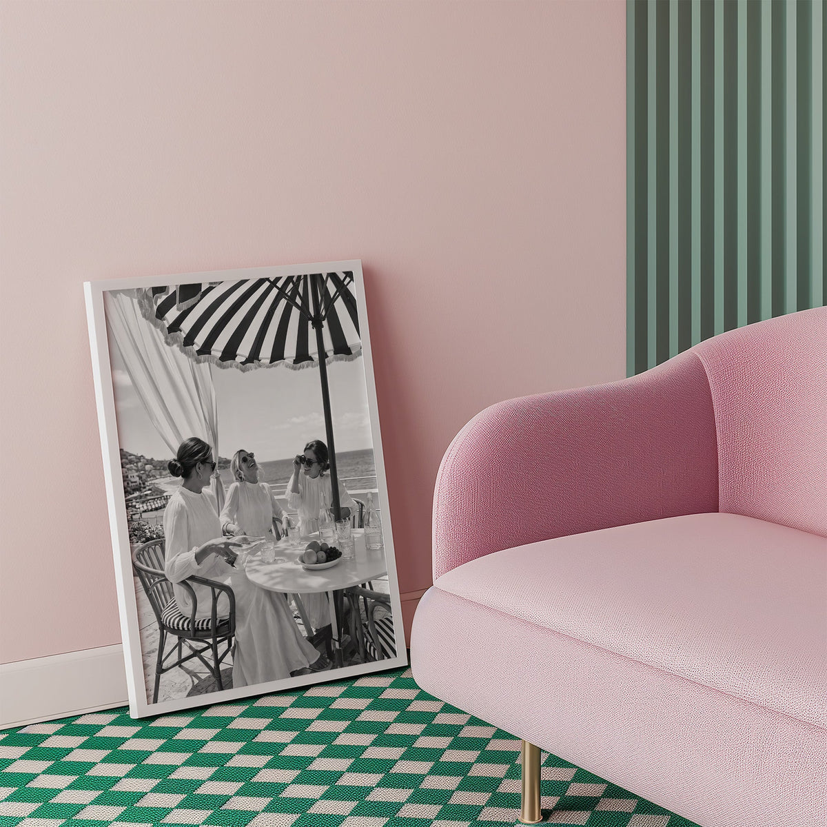 Three friends lunching under a striped umbrella print in a white frame beside a pink armchair on a checkered floor