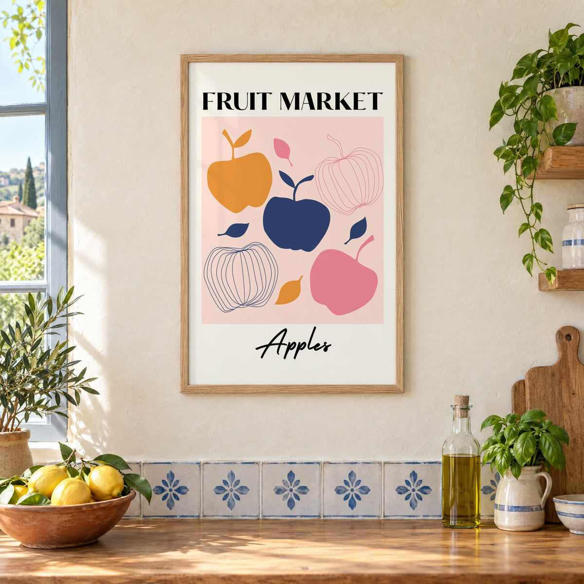 FRUIT MARKET Apples cut-paper print in an oak frame on a cream plaster wall above a worktop with a bowl of lemons and blue-and-white tiles