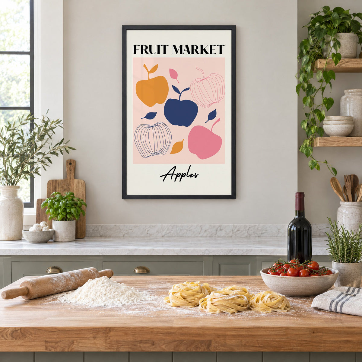 FRUIT MARKET Apples cut-paper print in a black frame above a butcher-block island with fresh pasta, flour and cherry tomatoes