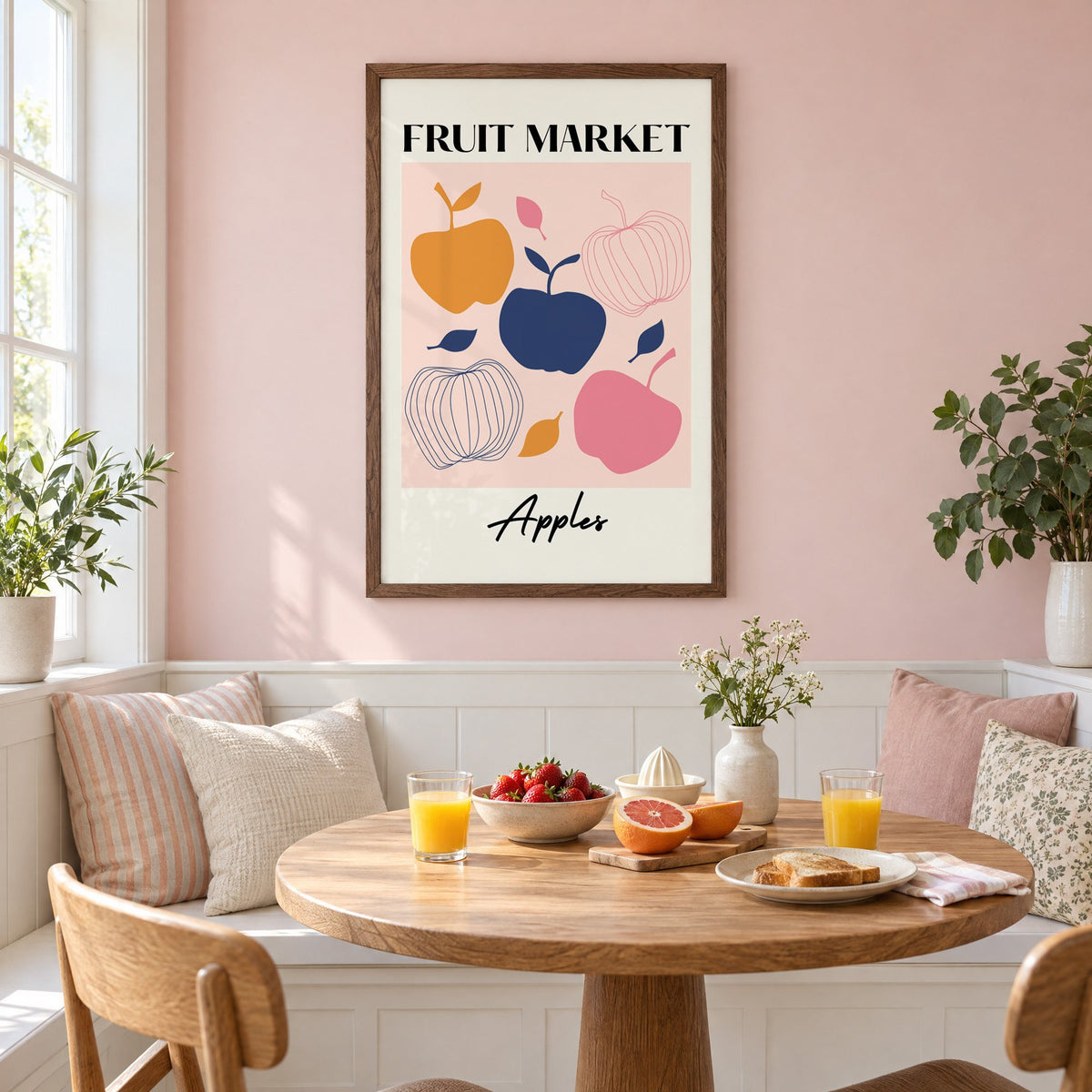 FRUIT MARKET Apples cut-paper print in a walnut frame on a pastel pink wall above a breakfast nook with strawberries and orange juice