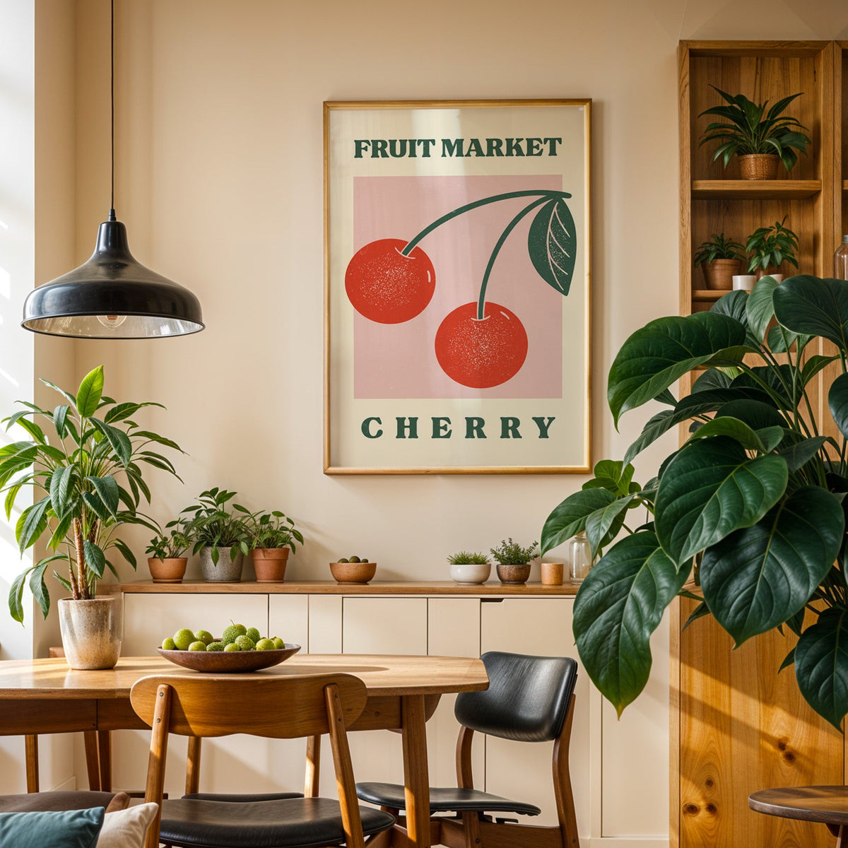 Fruit Market cherry print in an oak frame in a dining room above a plant-lined sideboard