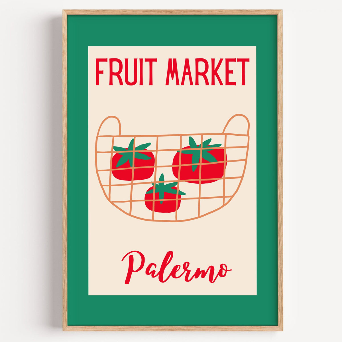 FRUIT MARKET Palermo tomato basket print in a light oak frame on a plain white wall