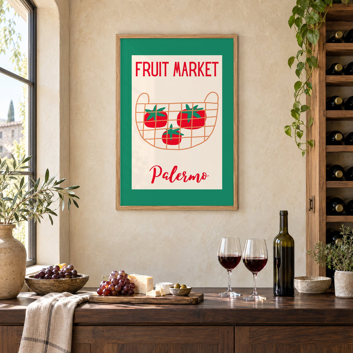 FRUIT MARKET Palermo tomato basket print in an oak frame on a limewashed wall above a wine counter with red wine, cheese and grapes