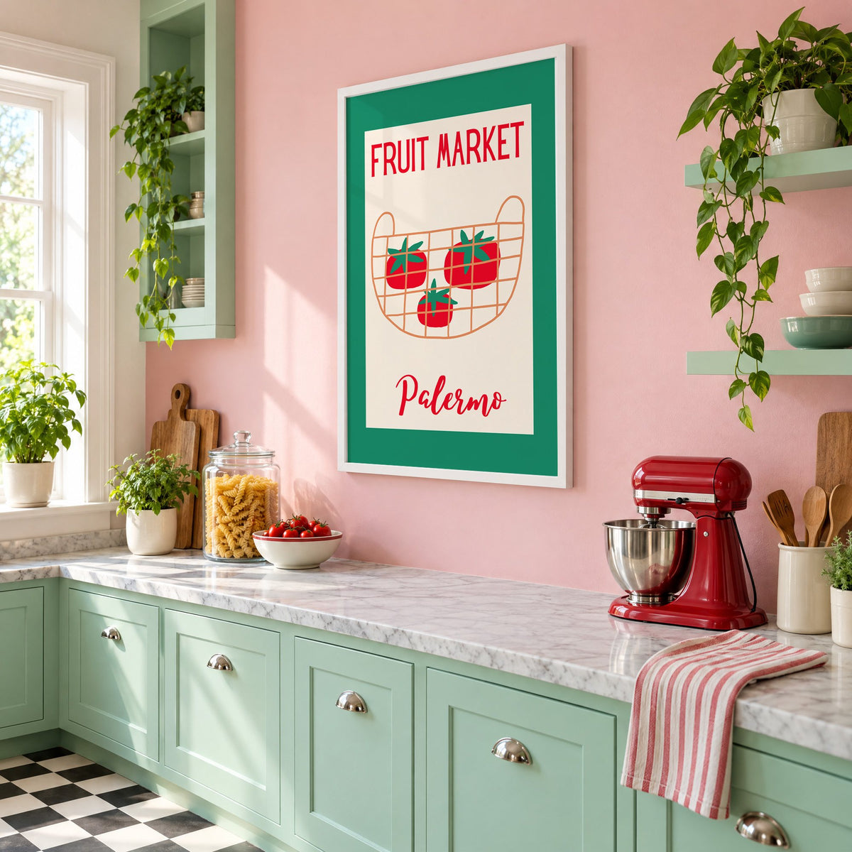 FRUIT MARKET Palermo tomato basket print in a white frame on a pink wall above mint green cabinets in a retro kitchen, seen at an angle
