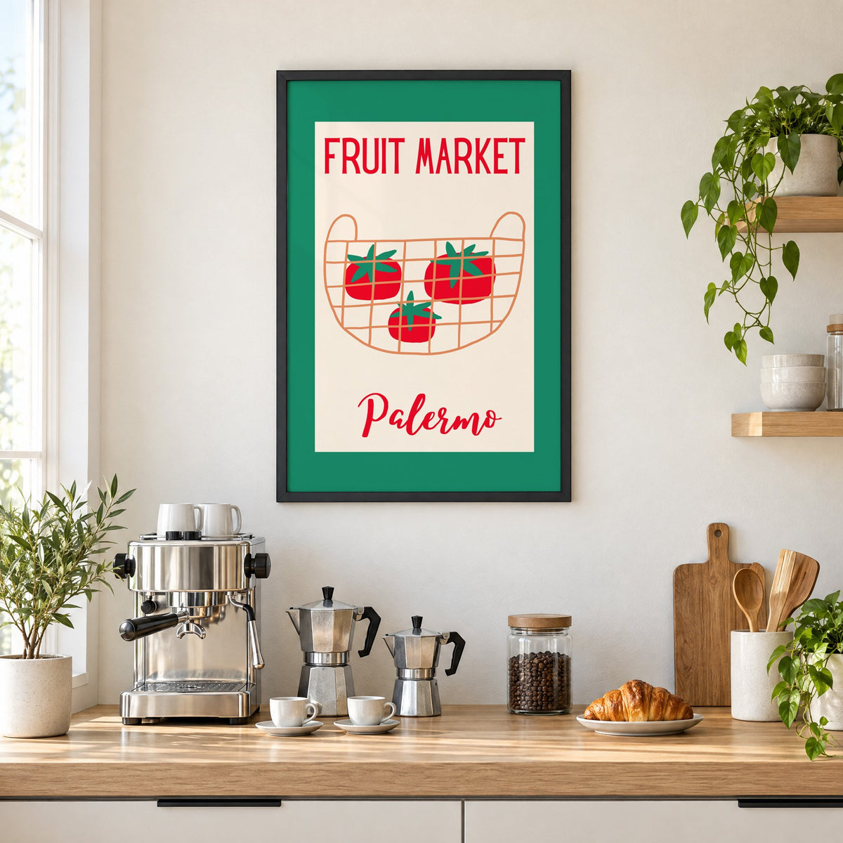 FRUIT MARKET Palermo tomato basket print in a black frame above a home espresso bar with moka pots and espresso cups