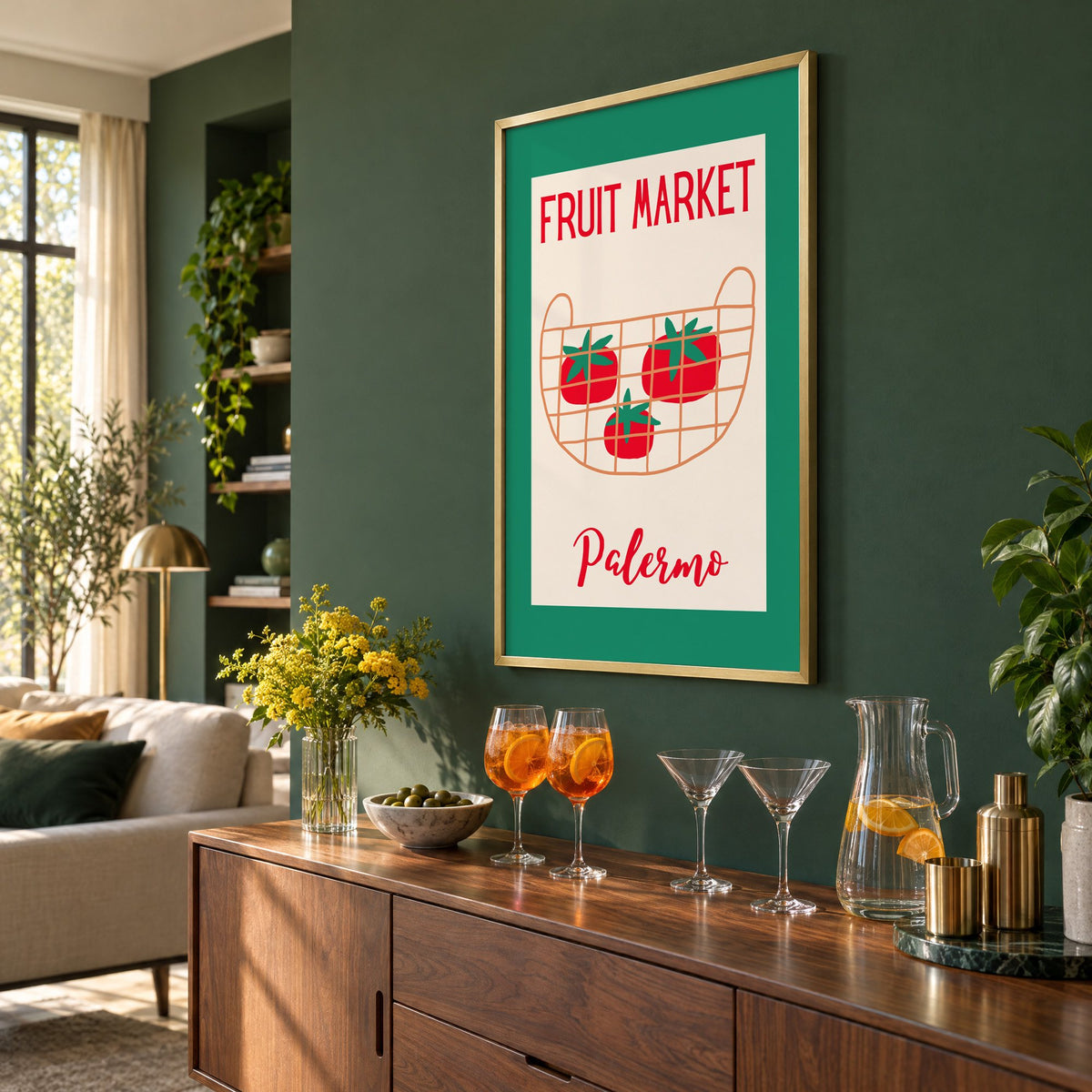 FRUIT MARKET Palermo tomato basket print in a brass frame on a bottle green wall above a sideboard with spritz and martini glasses, seen at an angle