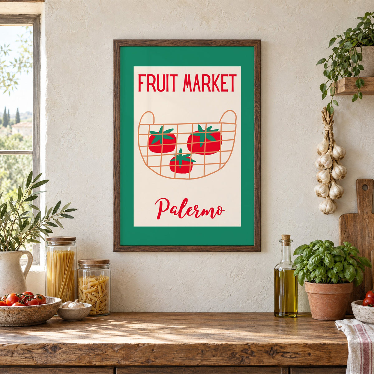 FRUIT MARKET Palermo tomato basket print in a walnut frame above a rustic Italian pantry counter with pasta jars, garlic and tomatoes