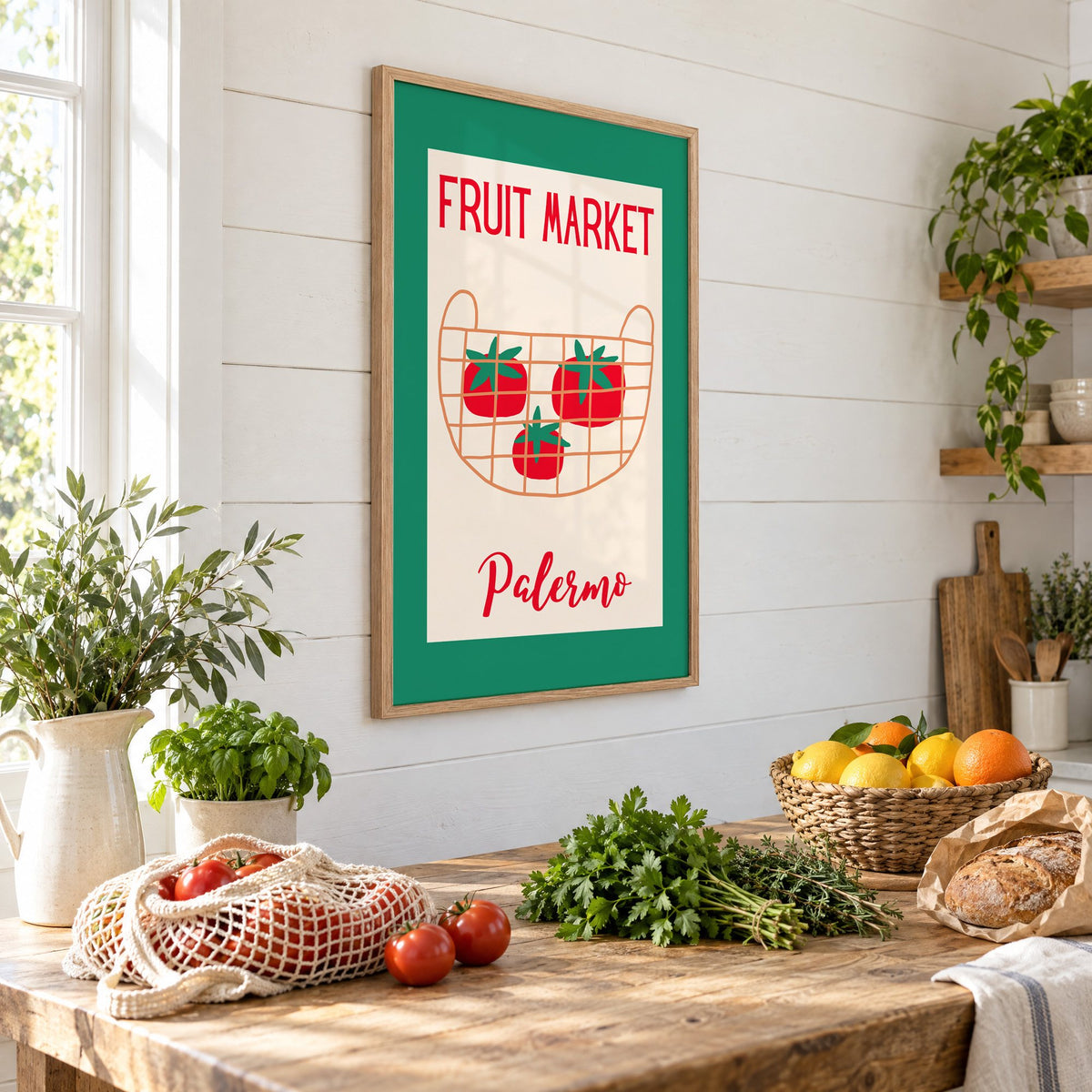 FRUIT MARKET Palermo tomato basket print in an oak frame on a shiplap wall above a farm table with market tomatoes and citrus, seen at an angle