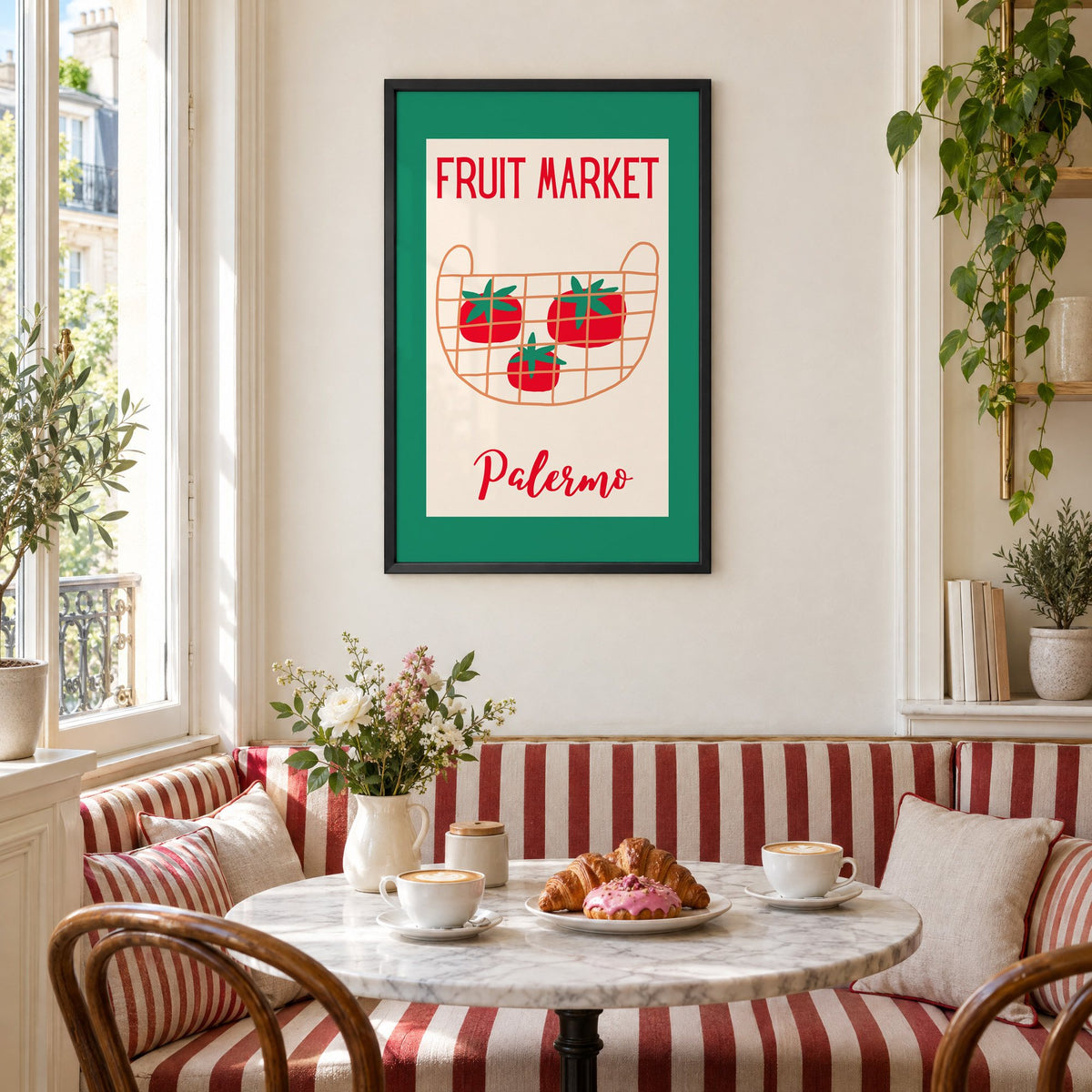 FRUIT MARKET Palermo tomato basket print in a black frame above a striped cafe breakfast nook with cappuccino and pastries