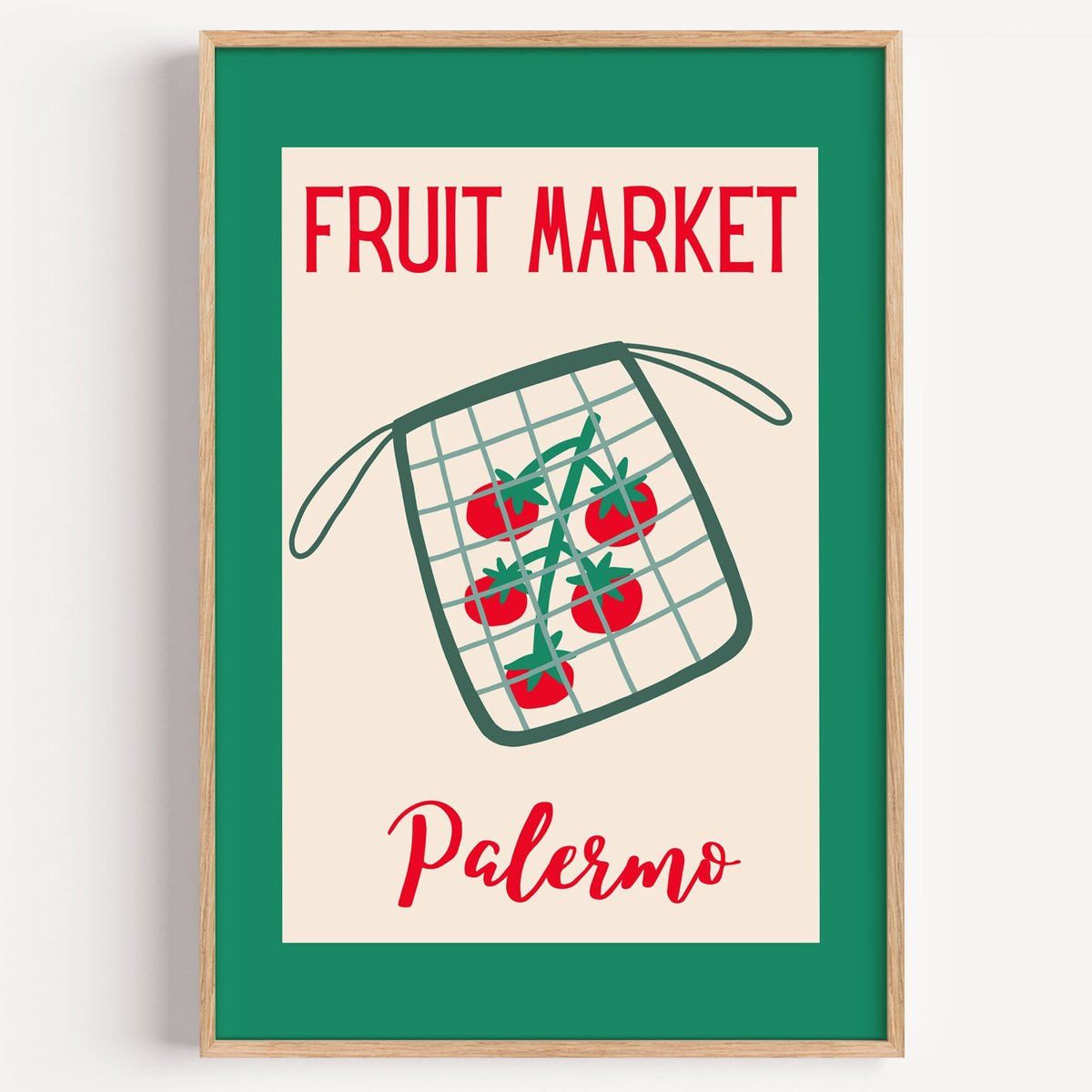 FRUIT MARKET Palermo tomato net bag print in a light oak frame on a plain white wall