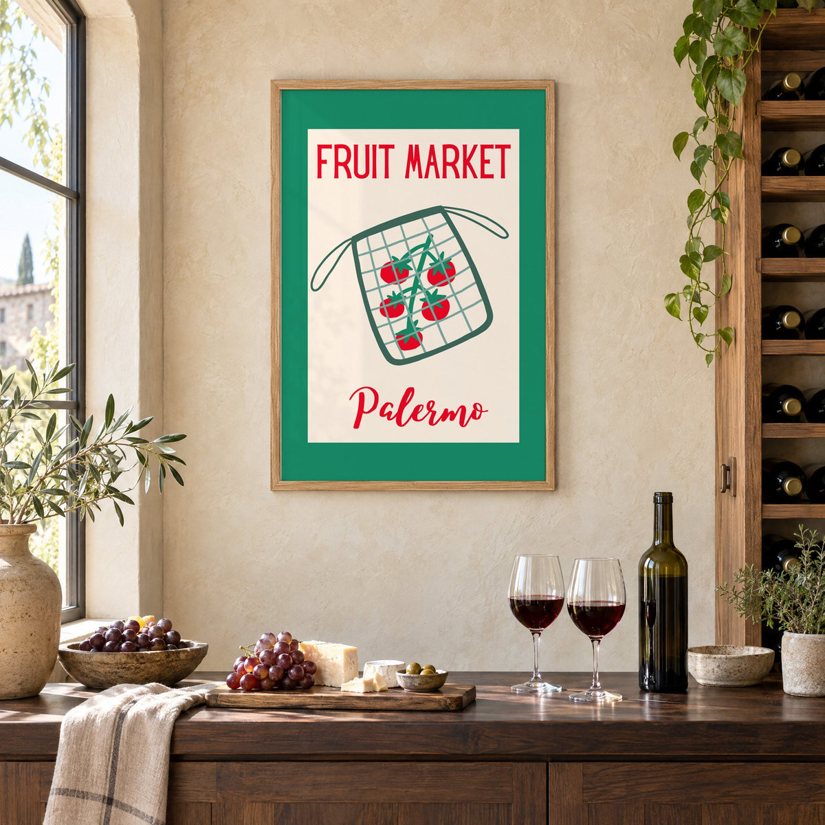 FRUIT MARKET Palermo tomato net bag print in an oak frame on a limewashed wall above a wine counter with red wine, cheese and grapes