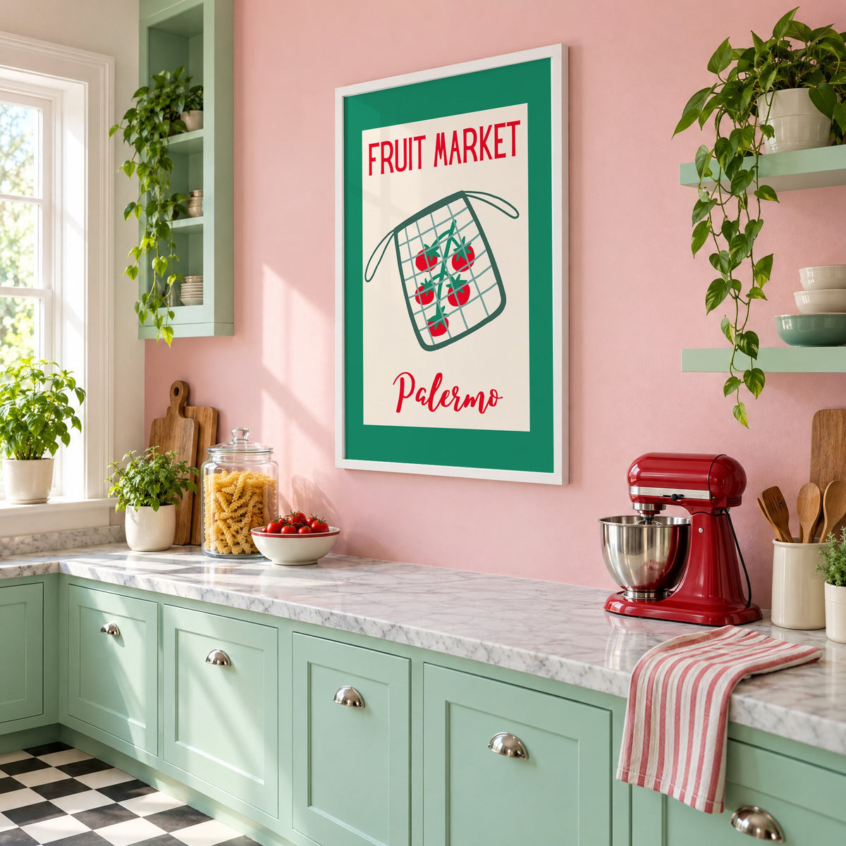 FRUIT MARKET Palermo tomato net bag print in a white frame on a pink wall above mint green cabinets in a retro kitchen, seen at an angle