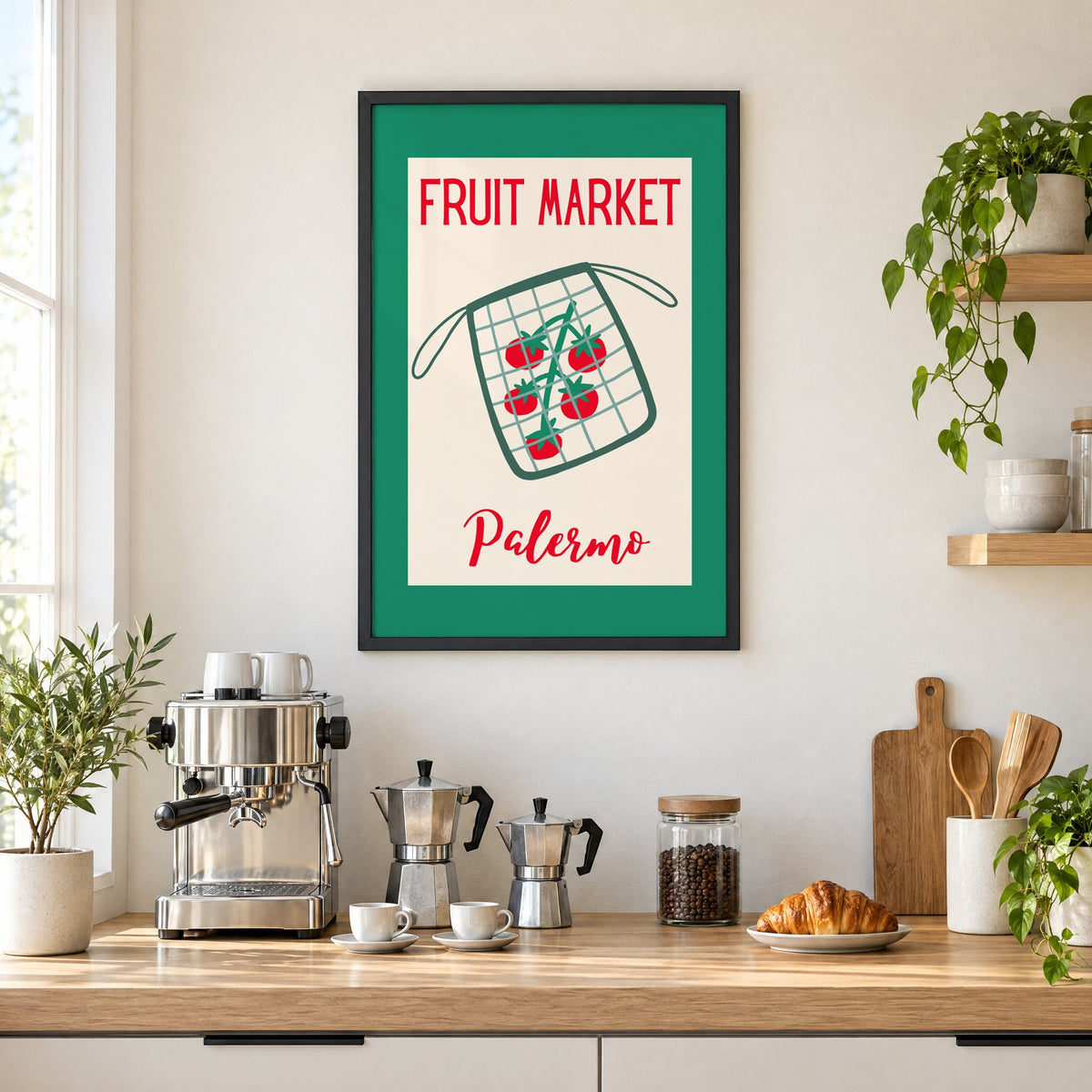 FRUIT MARKET Palermo tomato net bag print in a black frame above a home espresso bar with moka pots and espresso cups