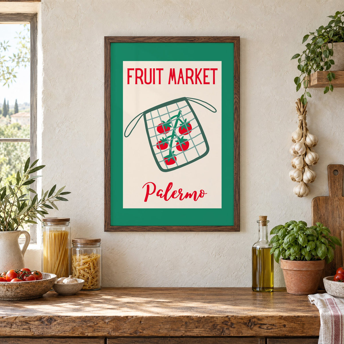 FRUIT MARKET Palermo tomato net bag print in a walnut frame above a rustic Italian pantry counter with pasta jars, garlic and tomatoes