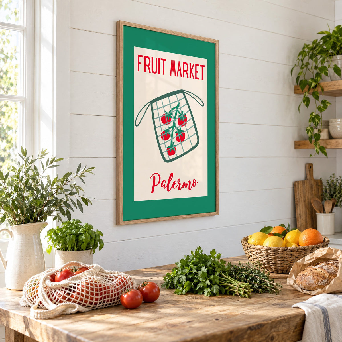 FRUIT MARKET Palermo tomato net bag print in an oak frame on a shiplap wall above a farm table with market tomatoes and citrus, seen at an angle