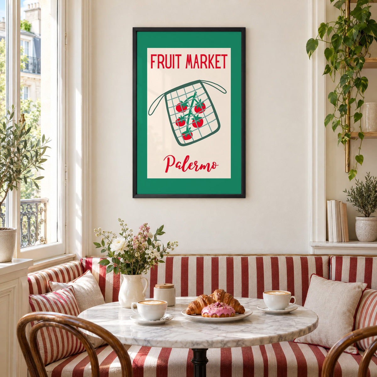 FRUIT MARKET Palermo tomato net bag print in a black frame above a striped cafe breakfast nook with cappuccino and pastries