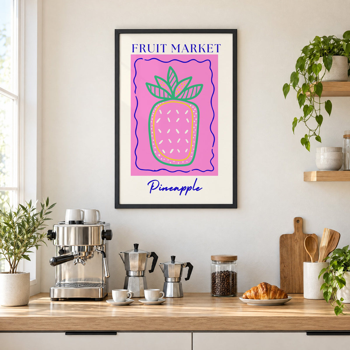 FRUIT MARKET Pineapple pink wavy frame print in a black frame above a home espresso bar with moka pots and espresso cups