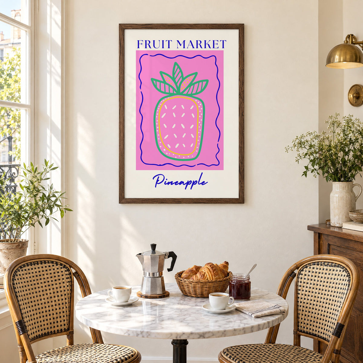 FRUIT MARKET Pineapple pink wavy frame print in a walnut frame above a marble bistro table with croissants and rattan chairs