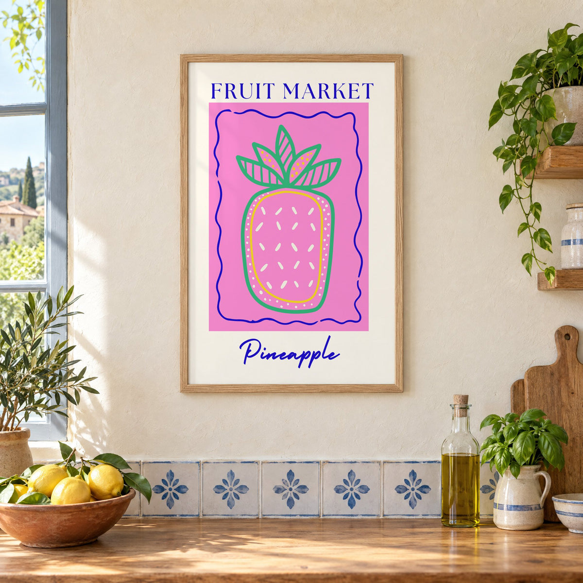 FRUIT MARKET Pineapple pink wavy frame print in an oak frame on a cream plaster wall above a worktop with a bowl of lemons and blue-and-white tiles