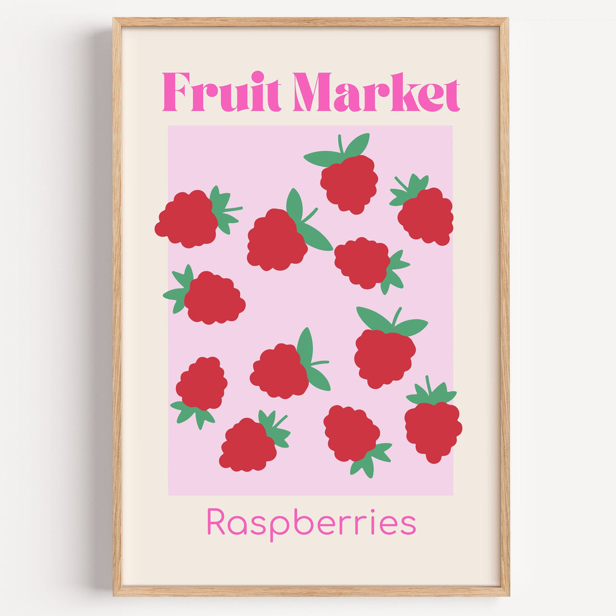 Fruit Market Raspberries pink panel print in a light oak frame on a plain white wall