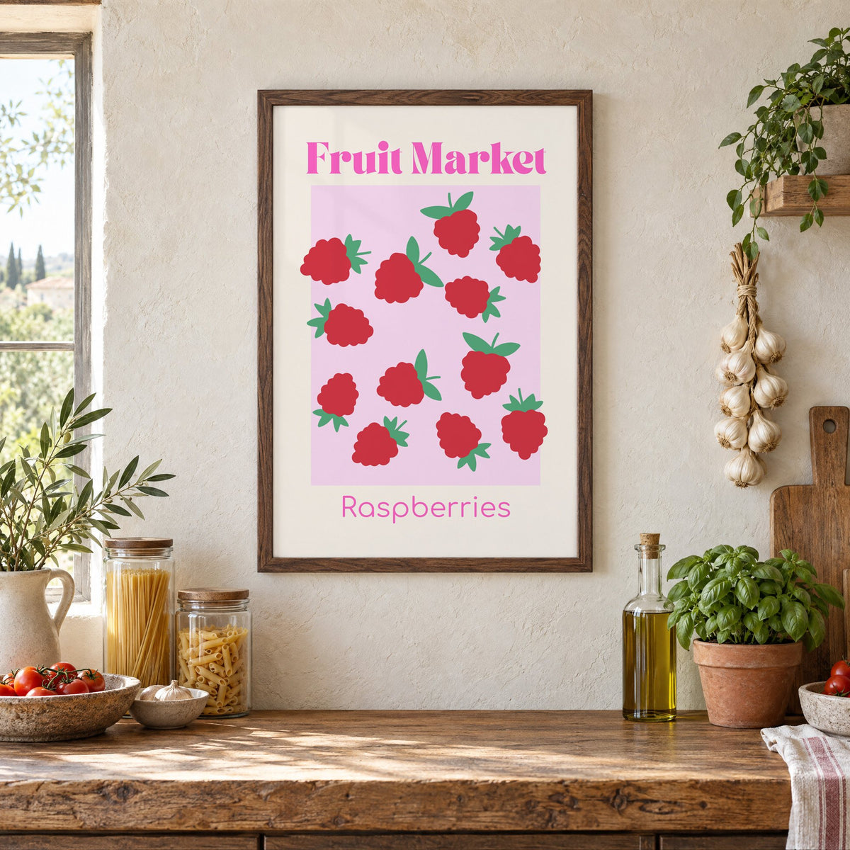 Fruit Market Raspberries pink panel print in a walnut frame above a rustic Italian pantry counter with pasta jars, garlic and tomatoes