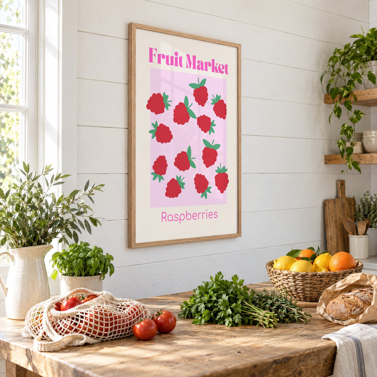 Fruit Market Raspberries pink panel print in an oak frame on a shiplap wall above a farm table with market tomatoes and citrus, seen at an angle
