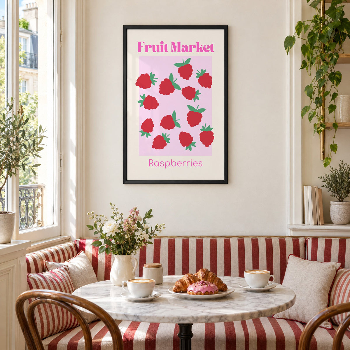 Fruit Market Raspberries pink panel print in a black frame above a striped cafe breakfast nook with cappuccino and pastries