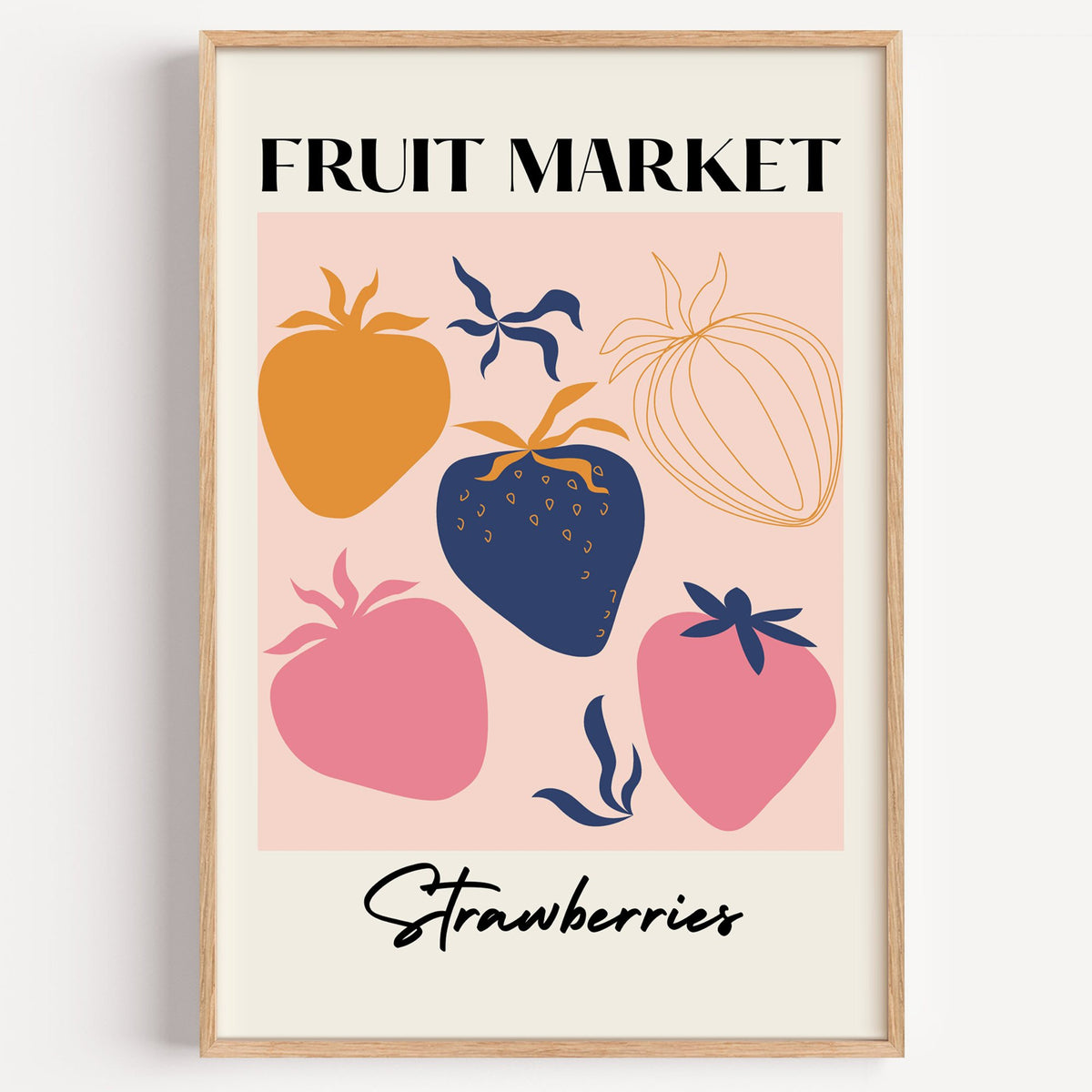 FRUIT MARKET Strawberries cut-paper print in a light oak frame on a plain white wall