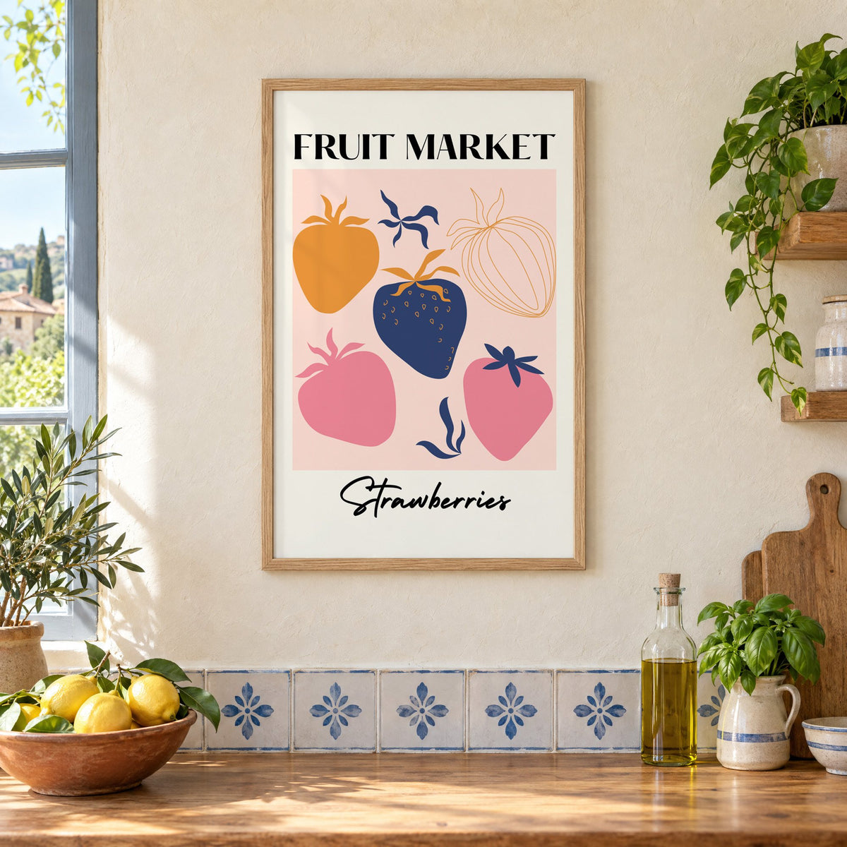 FRUIT MARKET Strawberries cut-paper print in an oak frame on a cream plaster wall above a worktop with a bowl of lemons and blue-and-white tiles