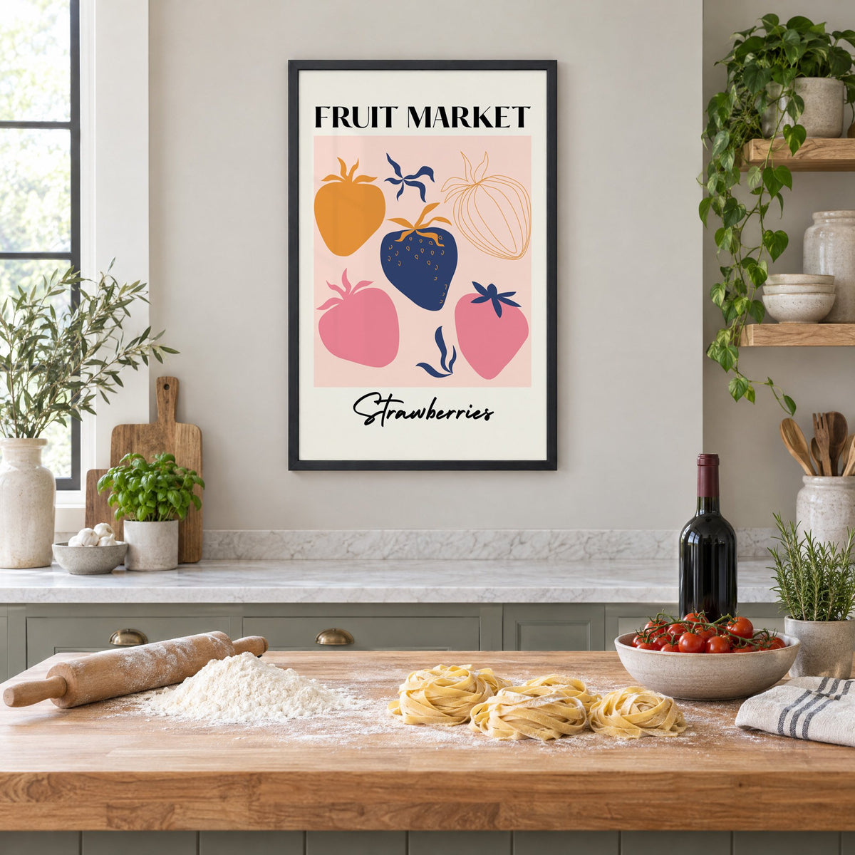 FRUIT MARKET Strawberries cut-paper print in a black frame above a butcher-block island with fresh pasta, flour and cherry tomatoes