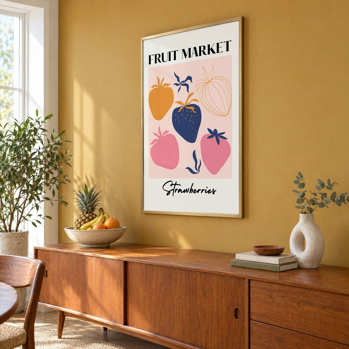 FRUIT MARKET Strawberries cut-paper print in a brass frame on a mustard wall above a teak sideboard with a fruit bowl, seen at an angle