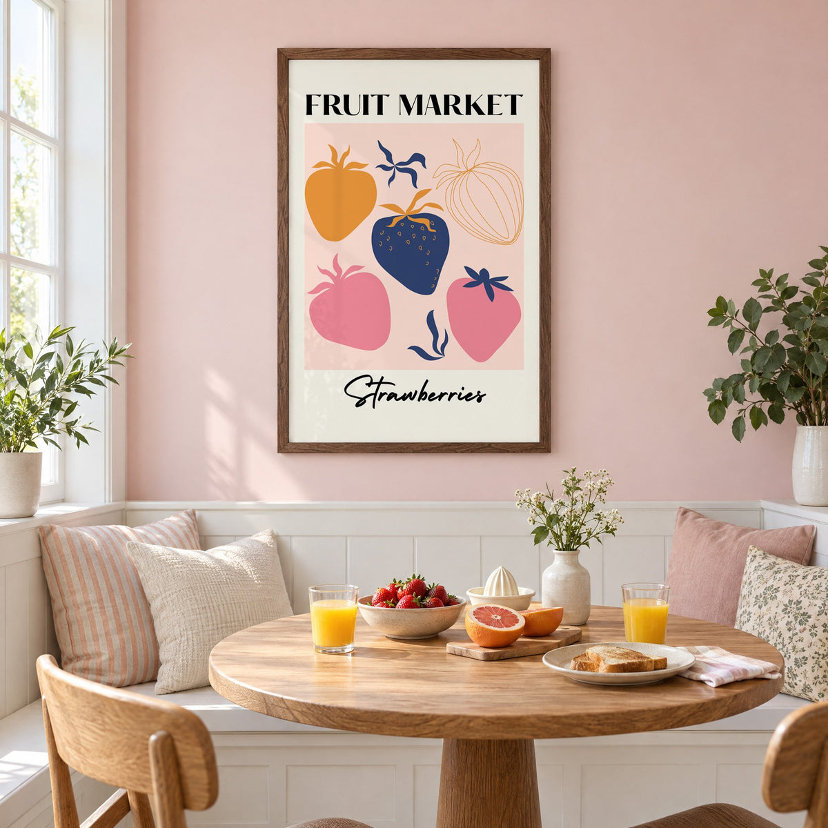 FRUIT MARKET Strawberries cut-paper print in a walnut frame on a pastel pink wall above a breakfast nook with strawberries and orange juice