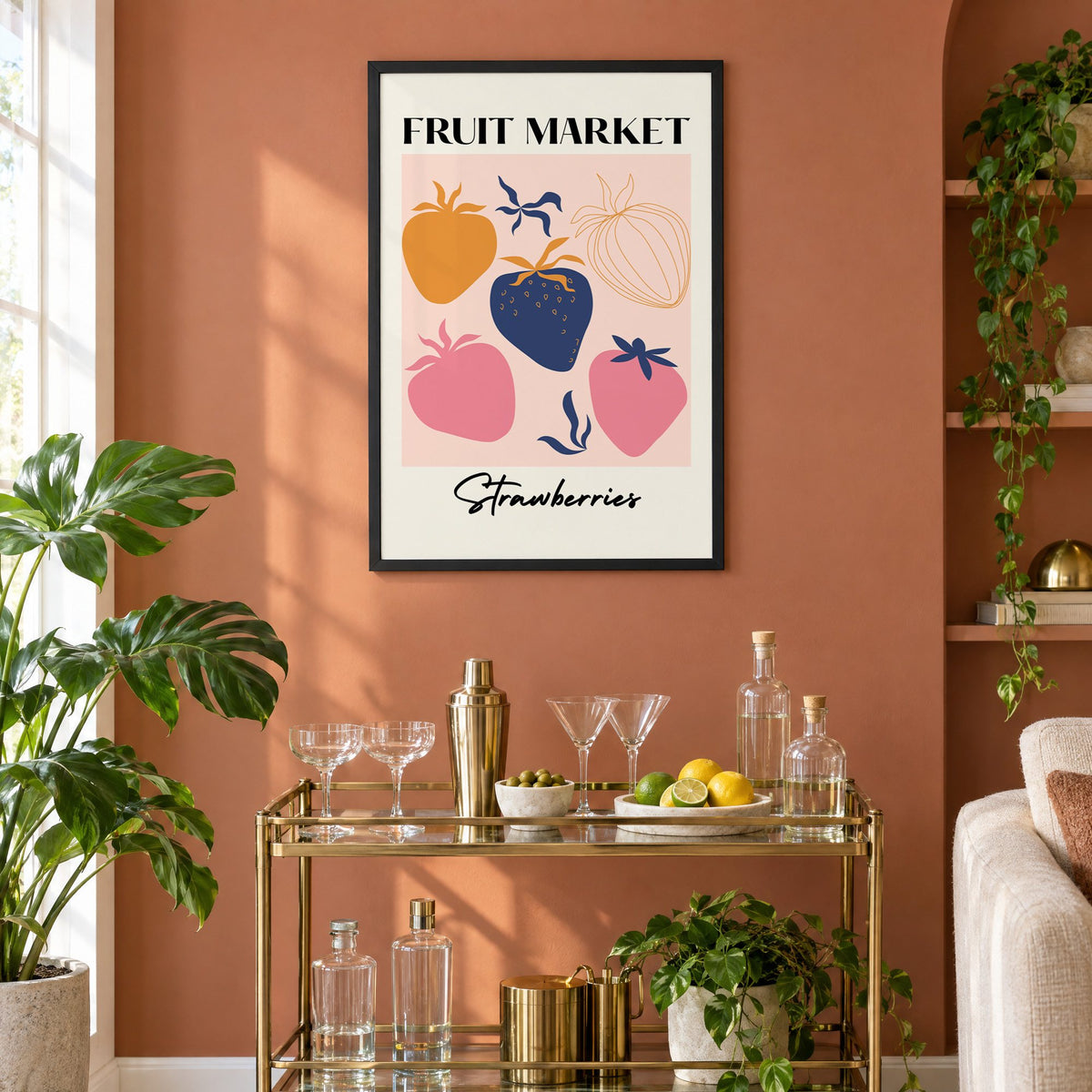 FRUIT MARKET Strawberries cut-paper print in a black frame on a terracotta wall above a brass bar cart with coupes and citrus