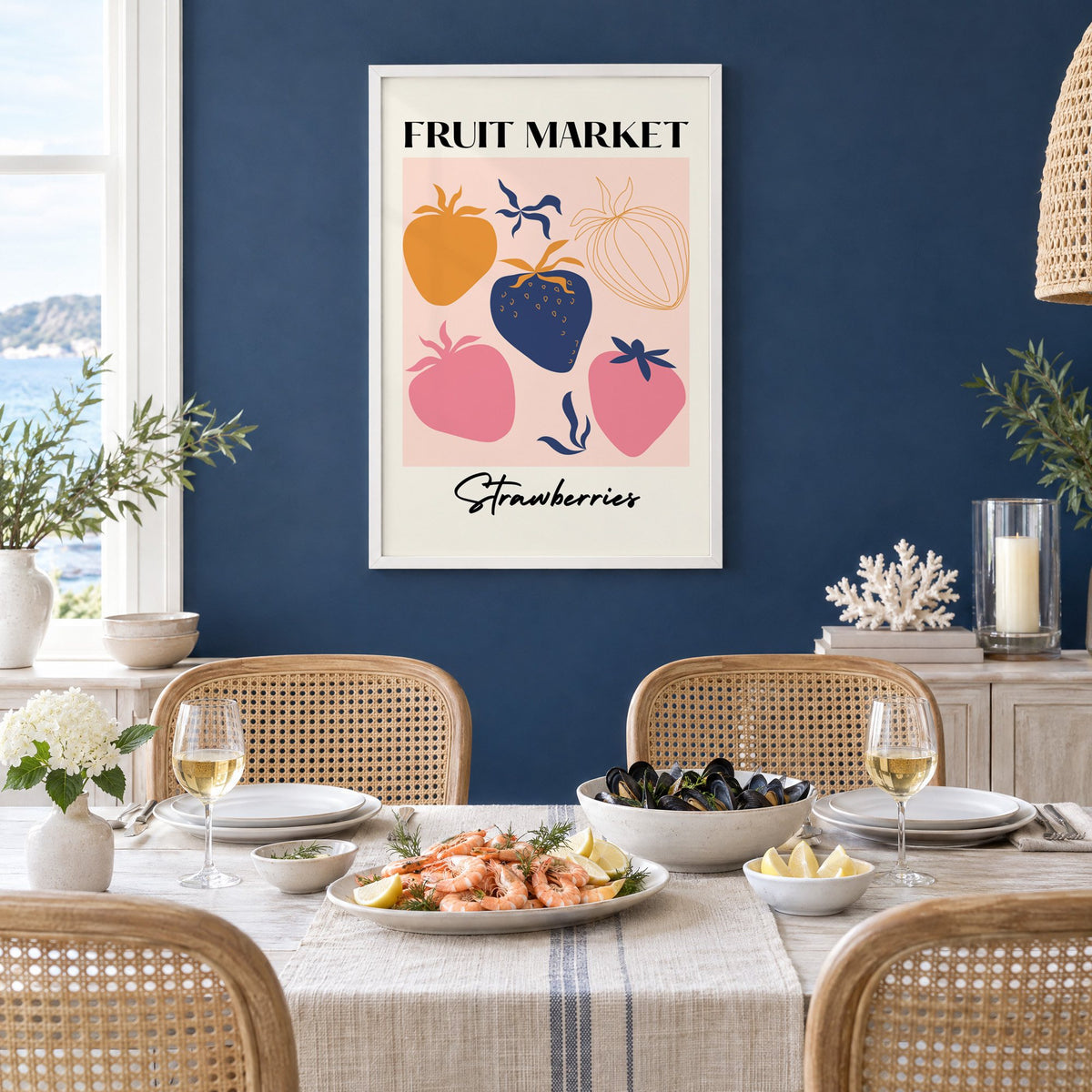 FRUIT MARKET Strawberries cut-paper print in a white frame on a navy wall above a dining table set with shrimp and mussels