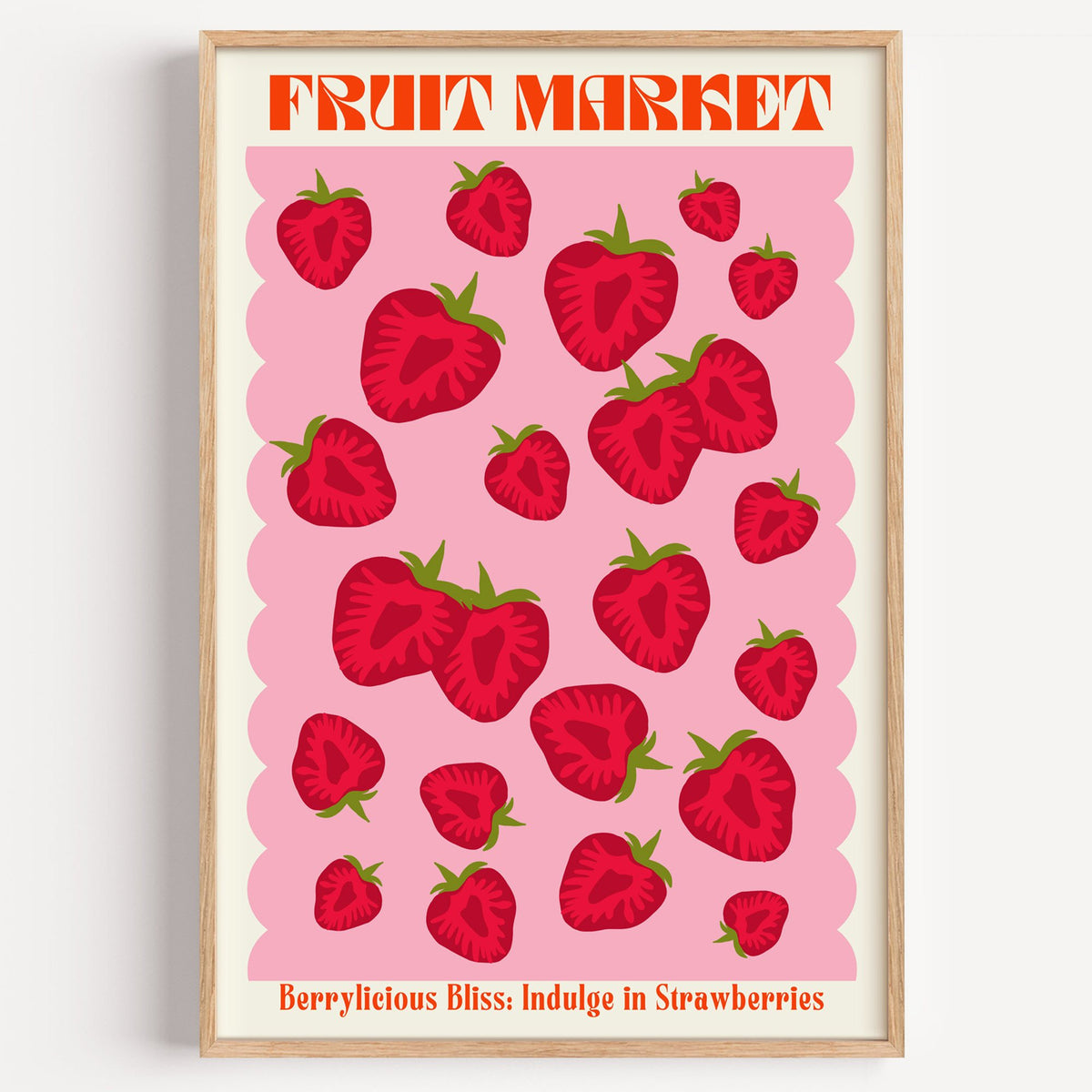 FRUIT MARKET strawberries pink scallop print in a light oak frame on a plain white wall