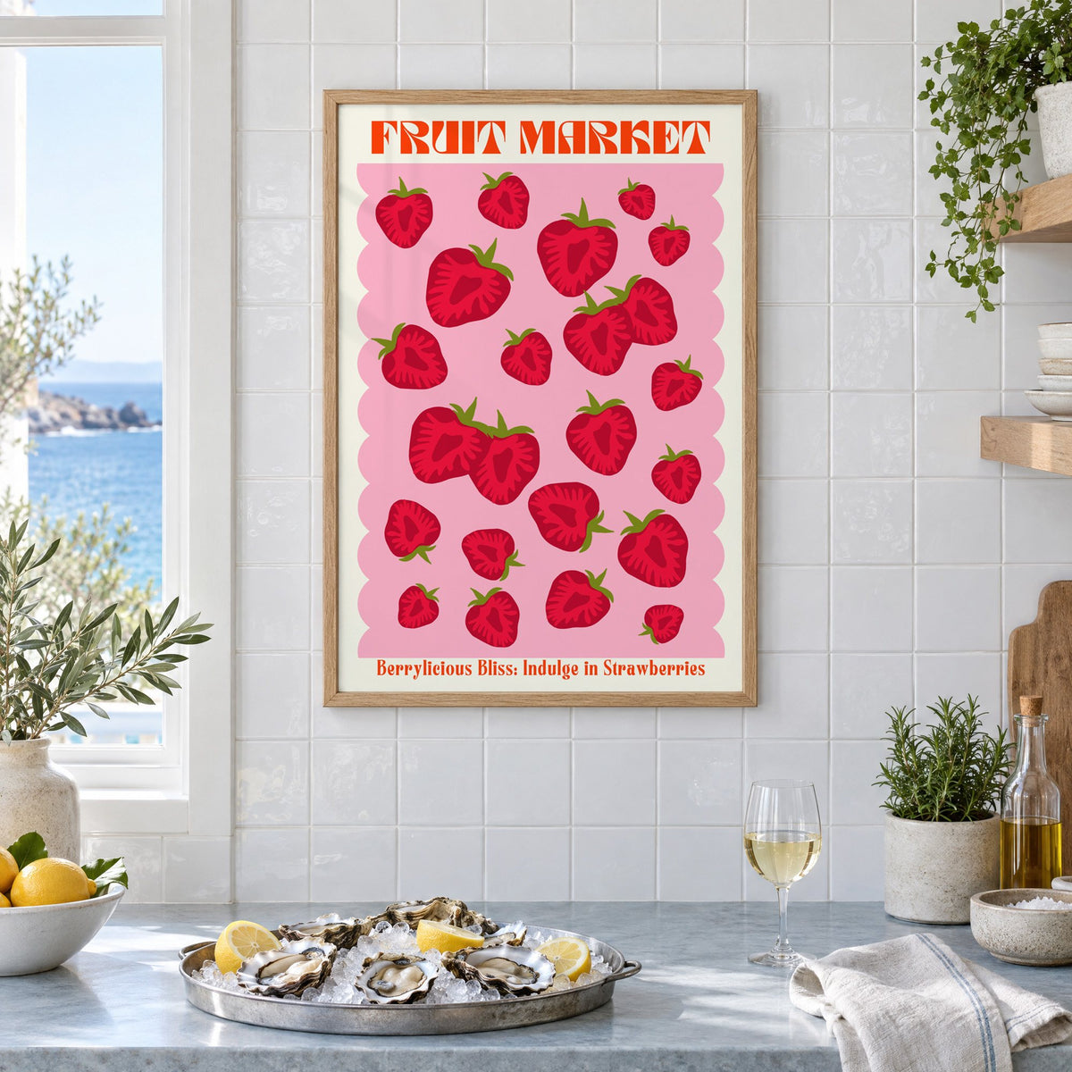 FRUIT MARKET strawberries pink scallop print in an oak frame on white tiles above a marble counter with oysters and lemons by a sea view