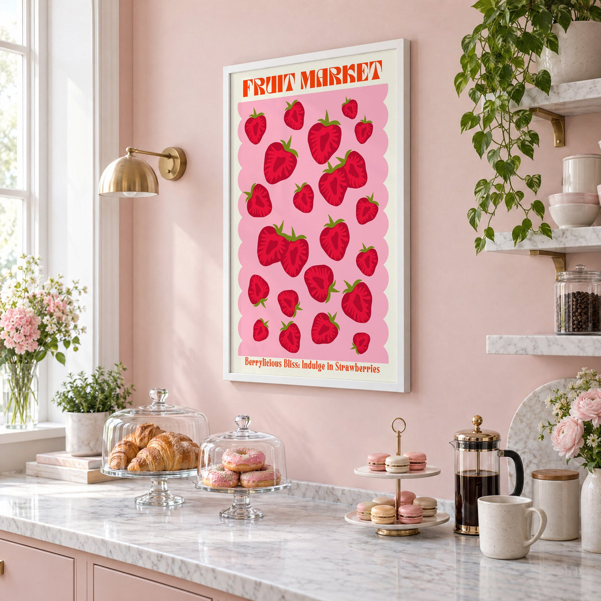 FRUIT MARKET strawberries pink scallop print in a white frame on a blush pink wall above a patisserie counter with croissants and macarons, seen at an angle