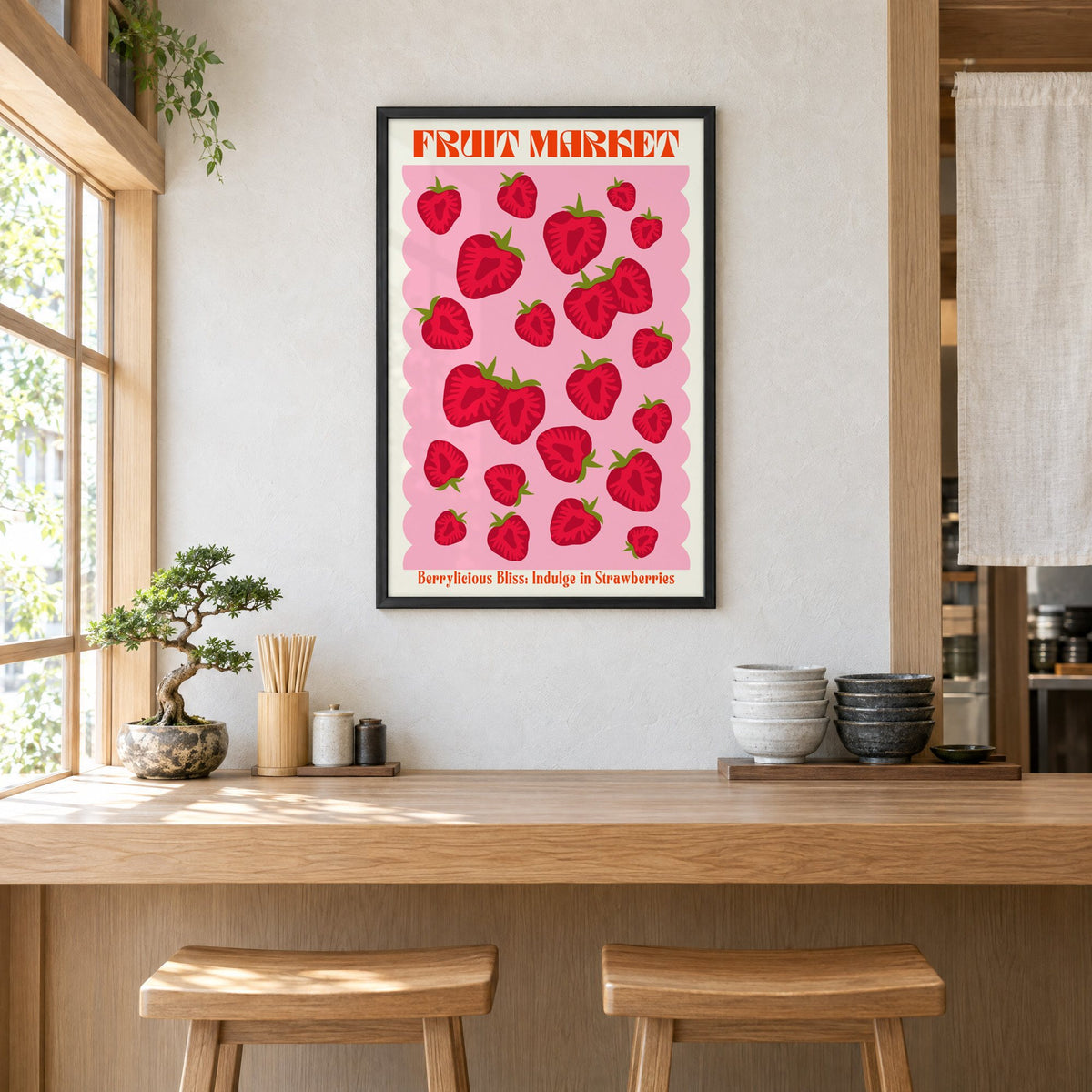 FRUIT MARKET strawberries pink scallop print in a black frame above a light wood ramen counter with stools and stacked bowls