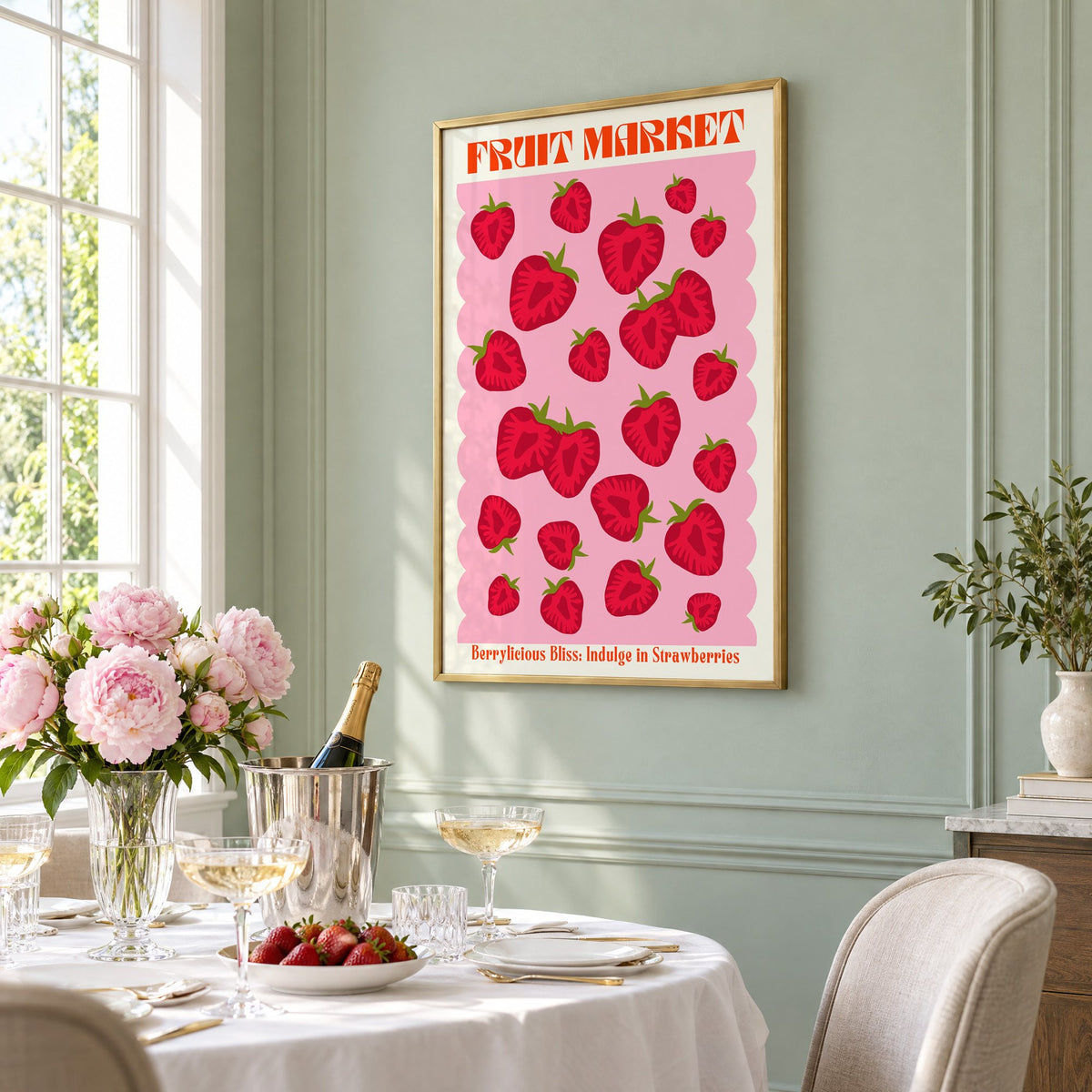 FRUIT MARKET strawberries pink scallop print in a brass frame on a sage wall above a brunch table with champagne and peonies, seen at an angle
