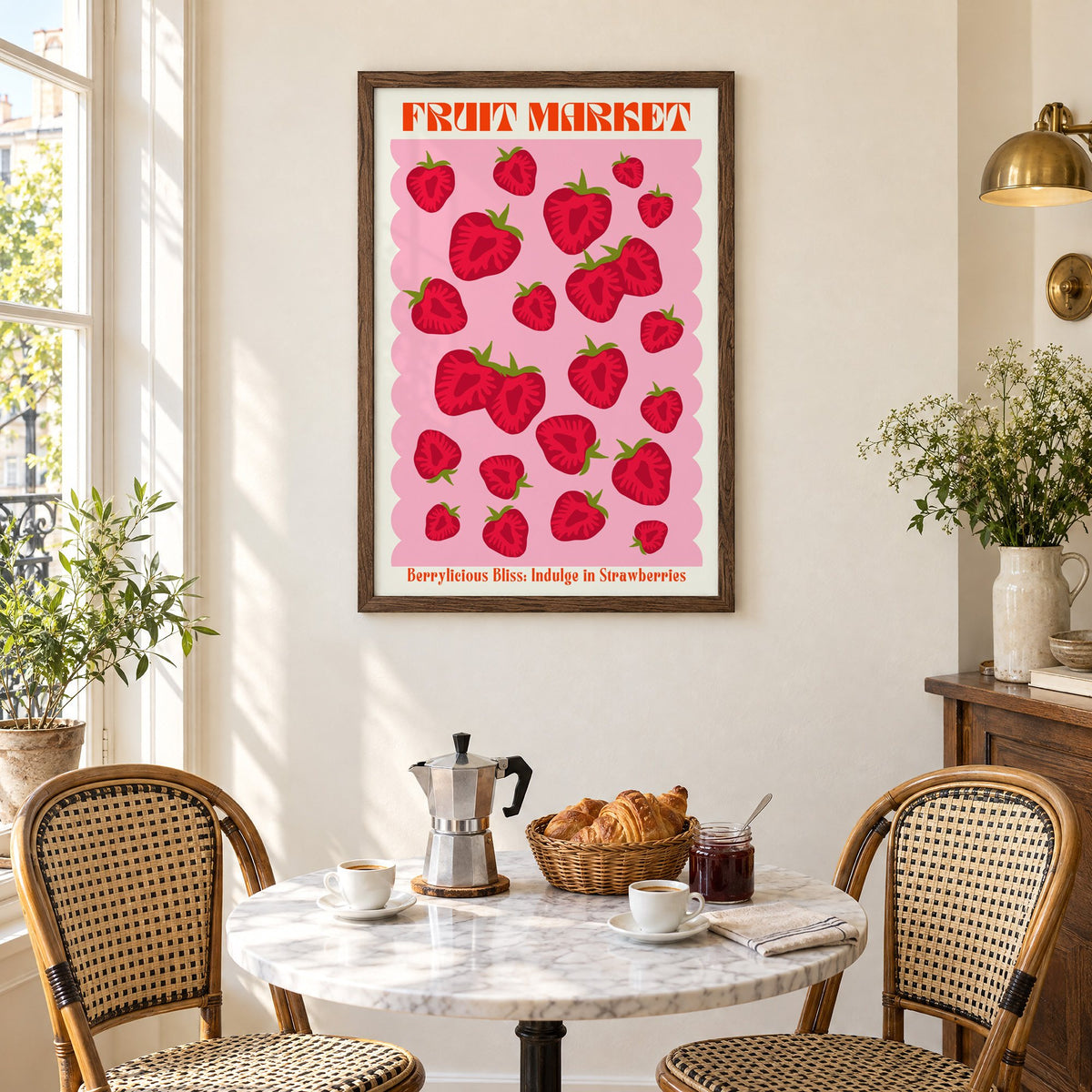 FRUIT MARKET strawberries pink scallop print in a walnut frame above a marble bistro table with croissants and rattan chairs