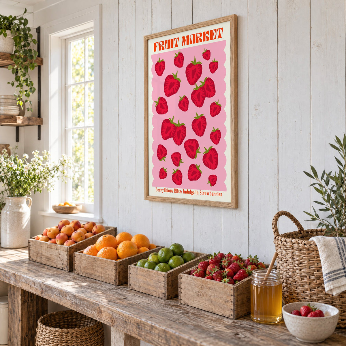 FRUIT MARKET strawberries pink scallop print in an oak frame on white plank walls above wooden crates of fresh fruit, seen at an angle